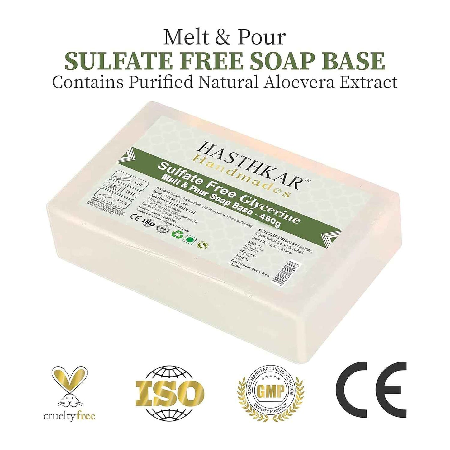 Hasthkar SLS & Paraben Free Clear Glycerine Soap Base Bar- 450Gm
