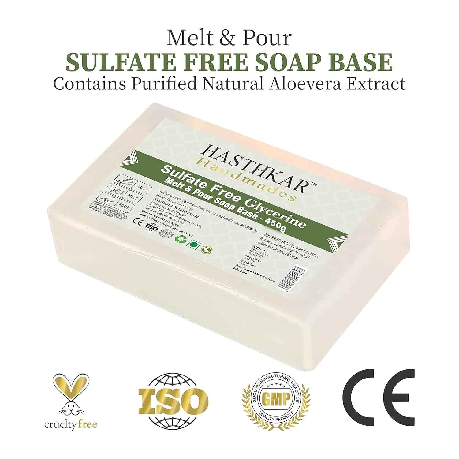 Hasthkar SLS & Paraben Free Clear Glycerine Soap Base Bar- 450gm (Pack of 2)