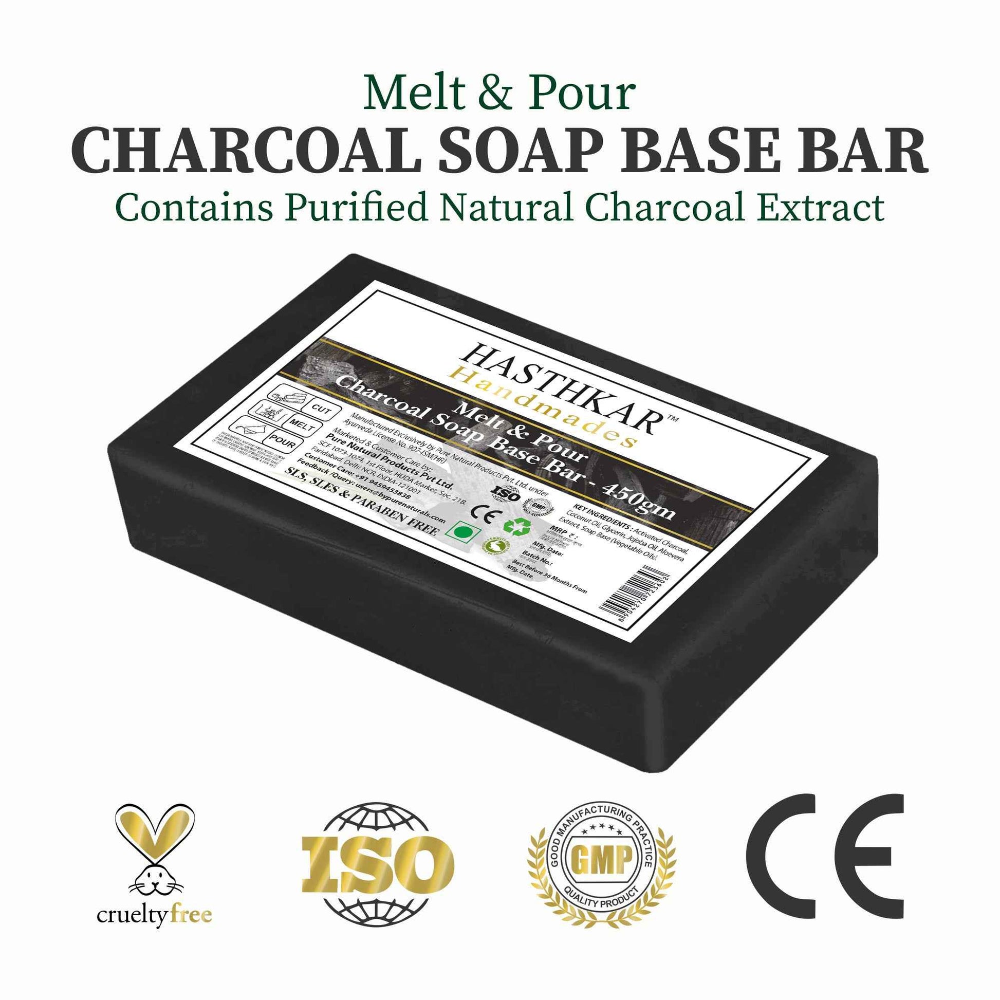 Hasthkar SLS & Paraben Free Charcoal Glycerine Soap Base Bar- 450gm