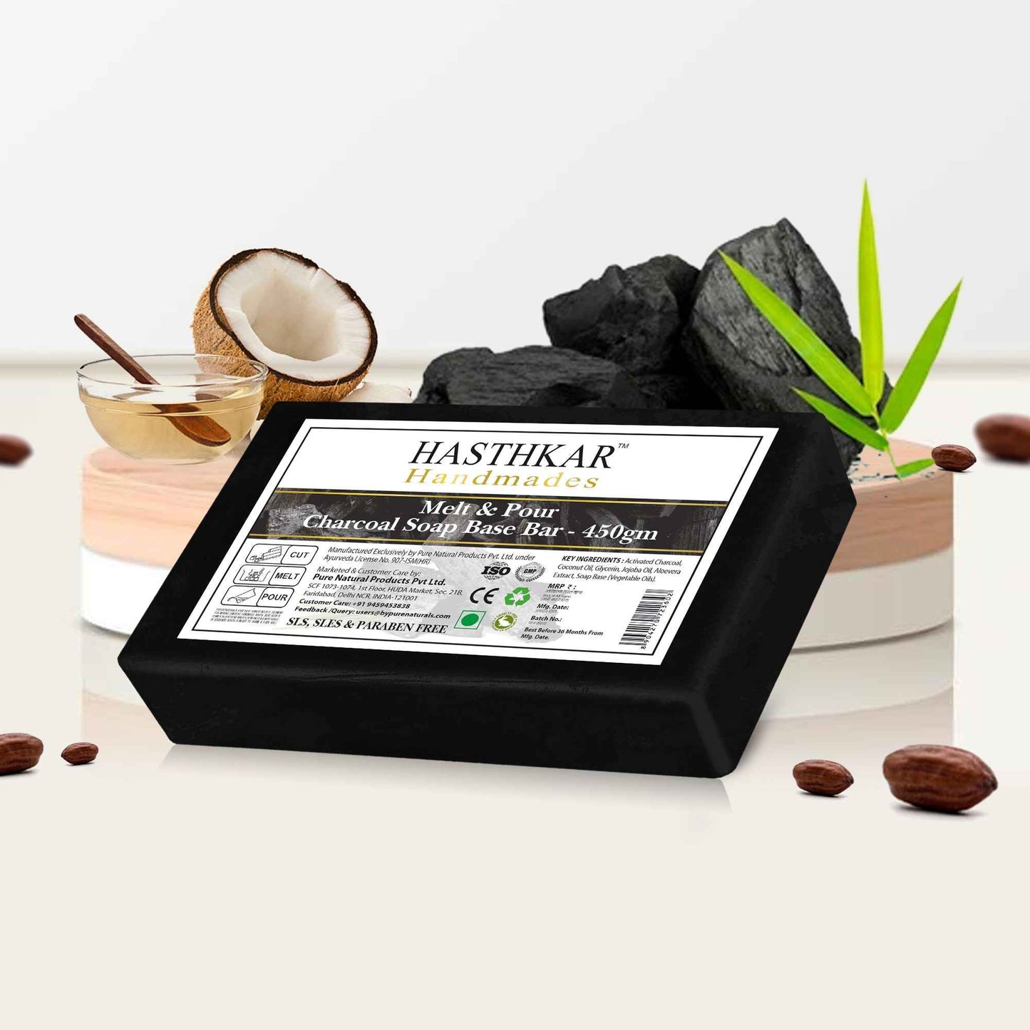 Hasthkar SLS & Paraben Free Charcoal Glycerine Soap Base Bar- 450gm (Pack of 2)
