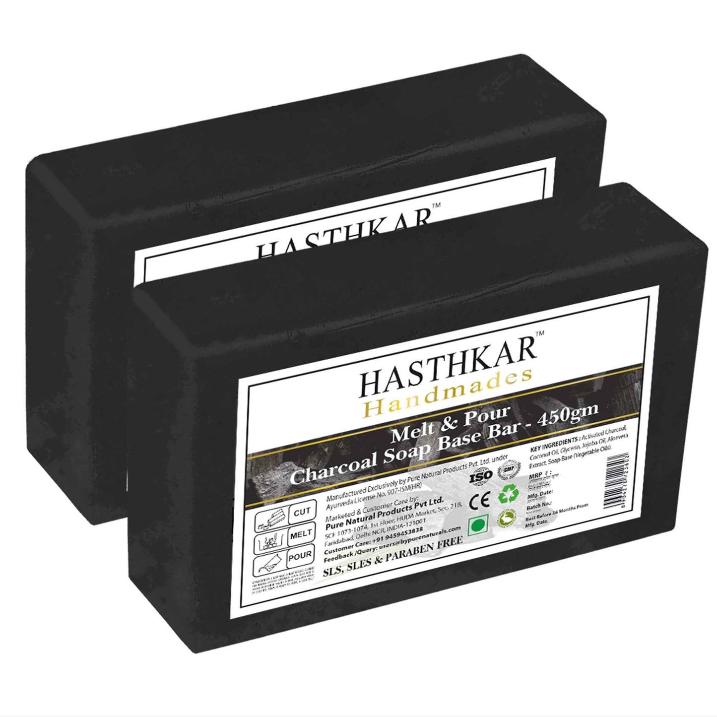 Hasthkar SLS & Paraben Free Charcoal Glycerine Soap Base Bar- 450gm (Pack of 2)