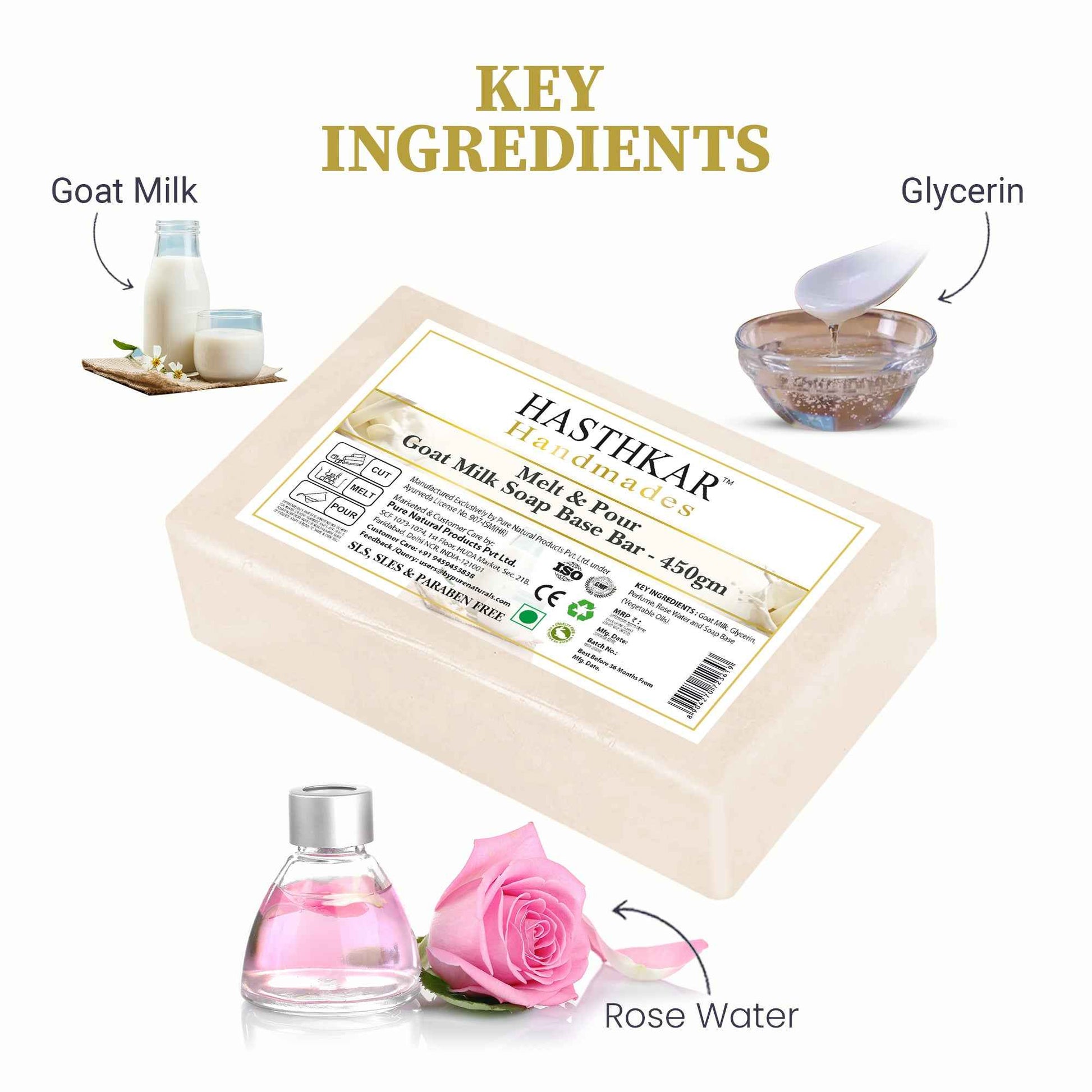 Hasthkar SLS & Paraben Free Goat Milk Glycerine Soap Base Bar- 450gm (Pack of 2)