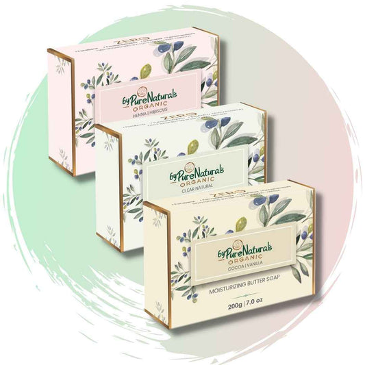 byPureNaturals Organic Shea Butter Soap- 200gm (Combo Pack- Henna Hibiscus, Cocoa Vanilla & Clear Natural)