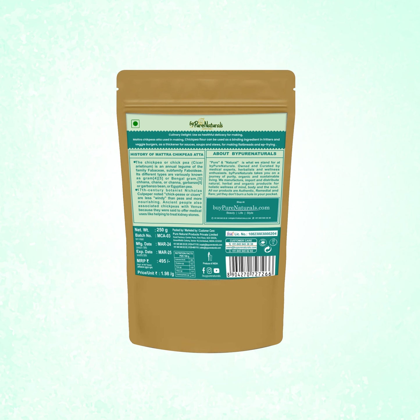 byPureNaturals Gluten Free Mattra Chikpeas Atta (Garbanzo Bean Flour)- 250 Gm - BuyPureNaturals