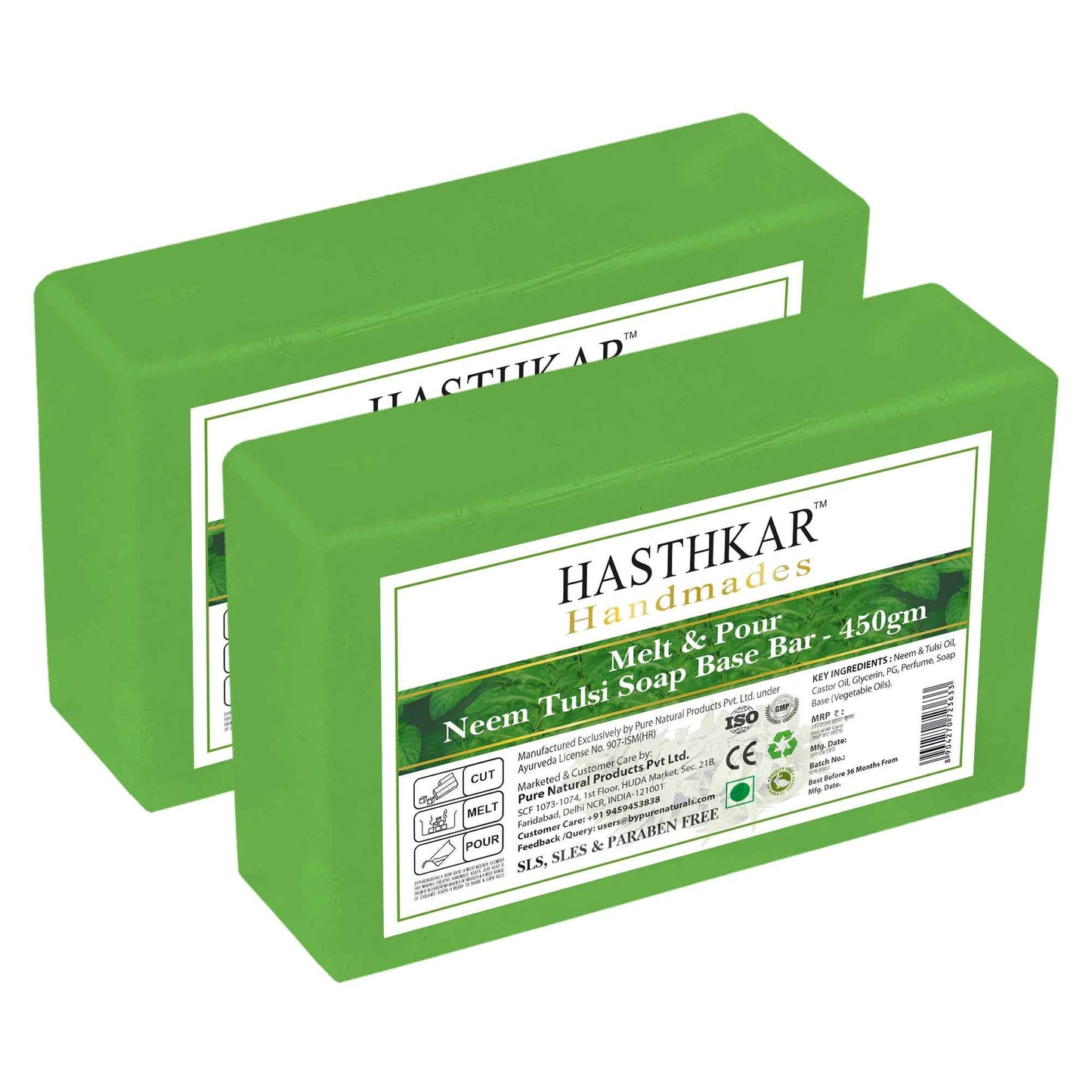 Hasthkar SLS & Paraben Free Neem Tulsi Glycerine Soap Base Bar- 450 Gm (Pack of 2)