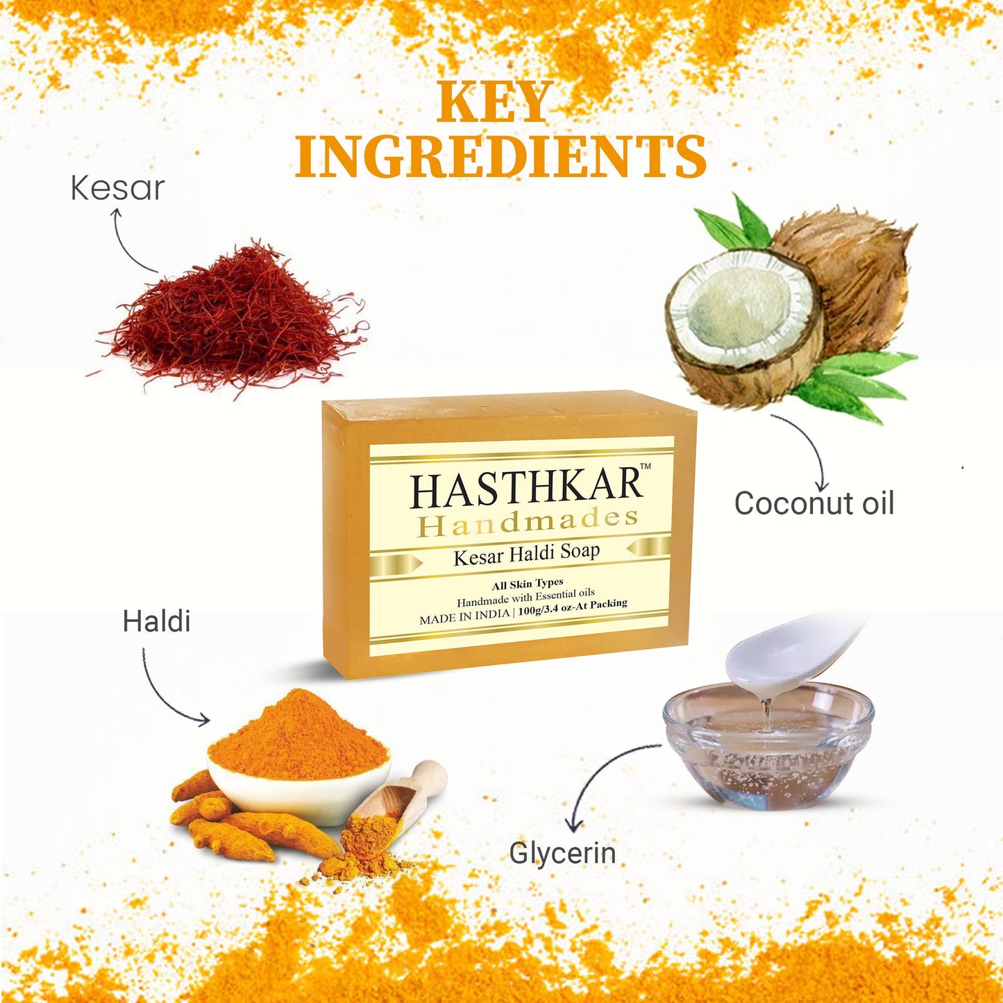 Hasthkar Handmade Glycerine Kesar Haldi Soap- 100gm - BuyPureNaturals
