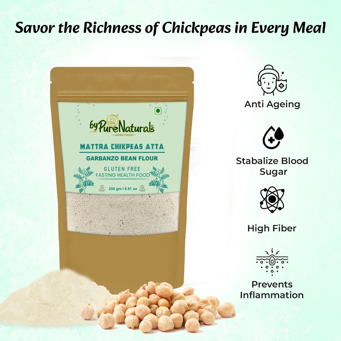 byPureNaturals Gluten Free Mattra Chikpeas Atta (Garbanzo Bean Flour)- 250 Gm - BuyPureNaturals