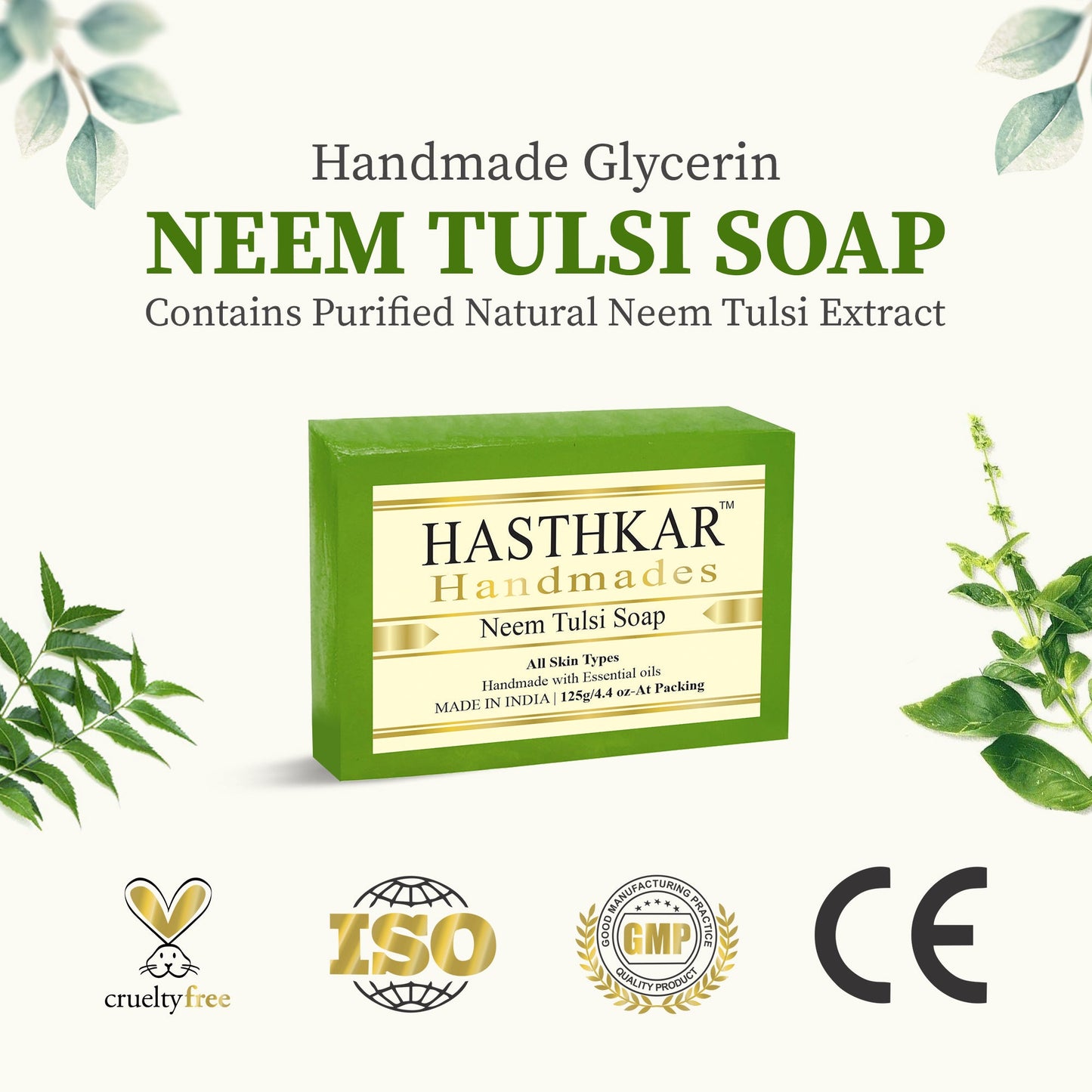Hasthkar Handmade Glycerine Neem Tulsi Soap- 125gm - BuyPureNaturals